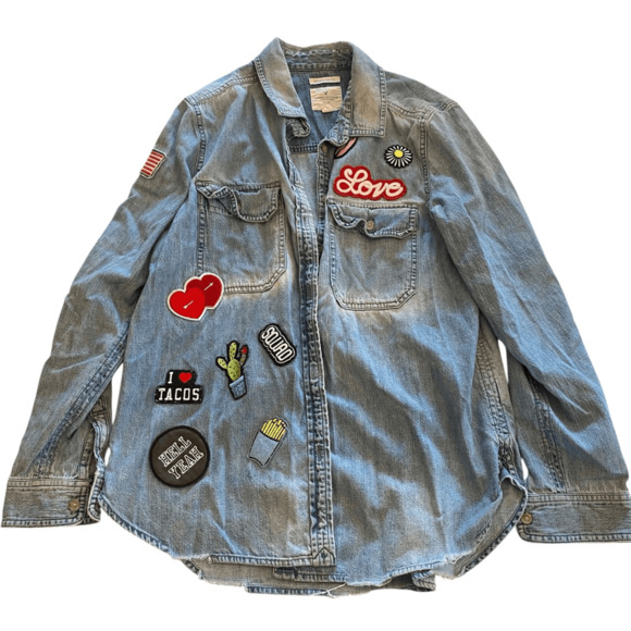 American Eagle Shirt Womens S Denim Oversize Chambray Button Up Patches - Picture 1 of 5